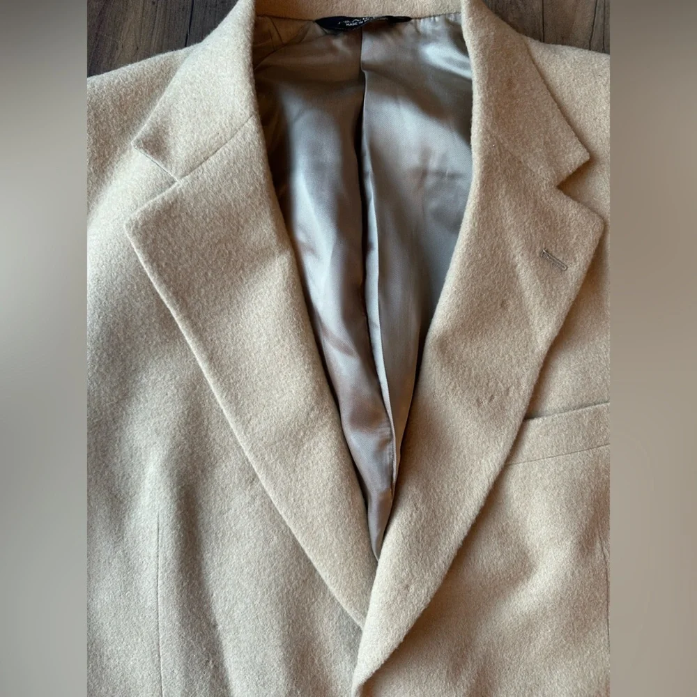 VTG Jos A Bank Camel Hair Coat Mens 43R Tan Wool Overcoat Classic Flawed